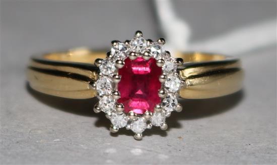 An 18ct gold, ruby and diamond cluster ring, size M.